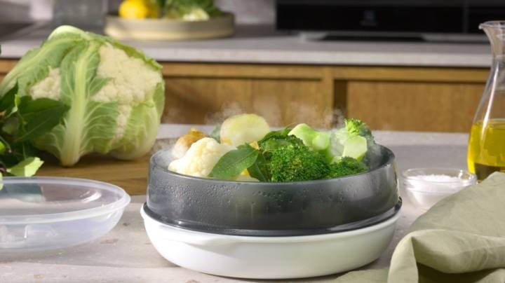 Steamed vegetables bowl in a kitchen 